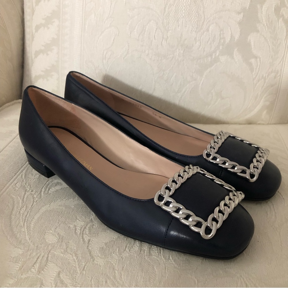 Stuart Weitzman Black Leather Chain-Embellished Flats